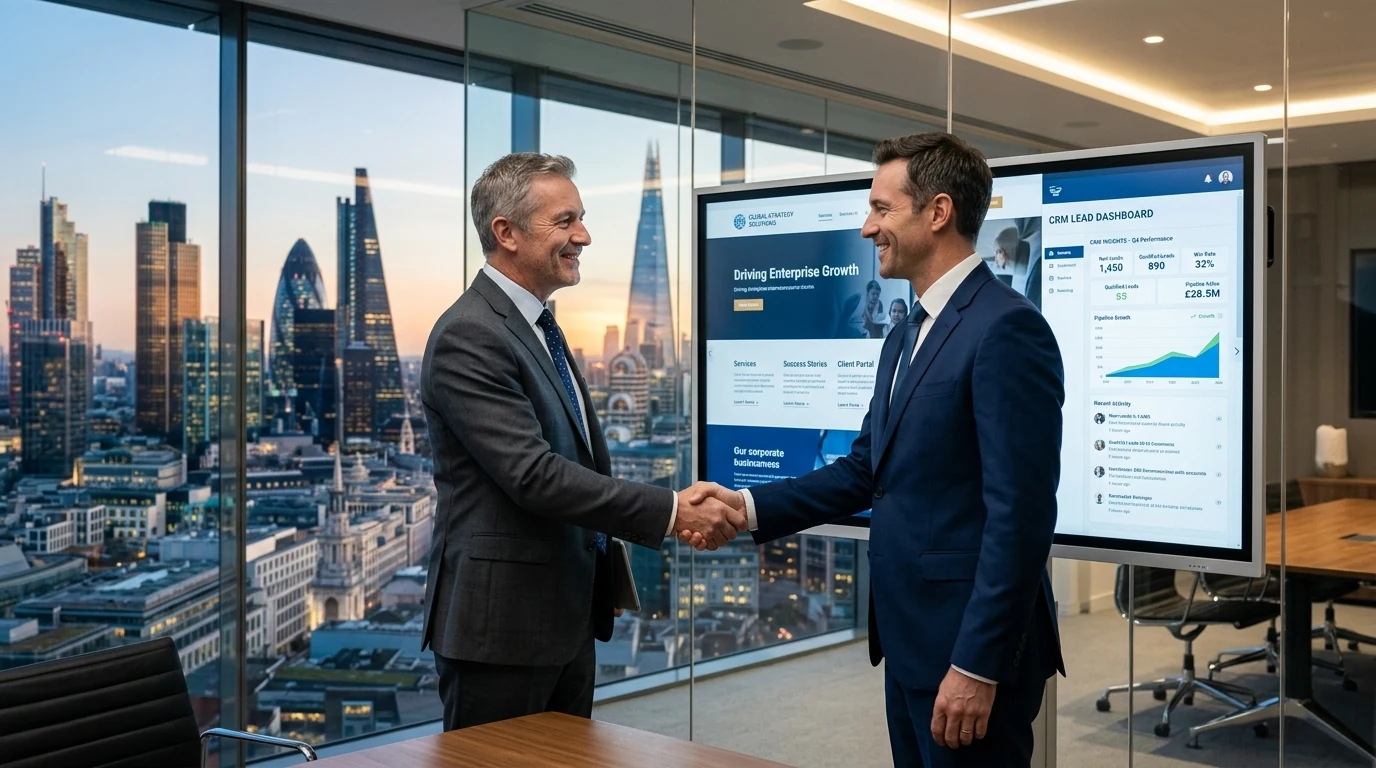 Erfolgreiche B2B-Partnerschaft und CRM Lead Dashboard im modernen Vorstandsbüro