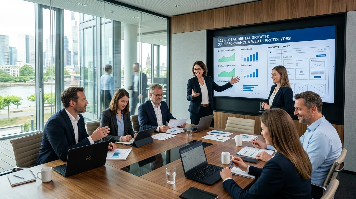 Mittelständisches Führungsteam bespricht digitale Wachstumsstrategie und Web UI