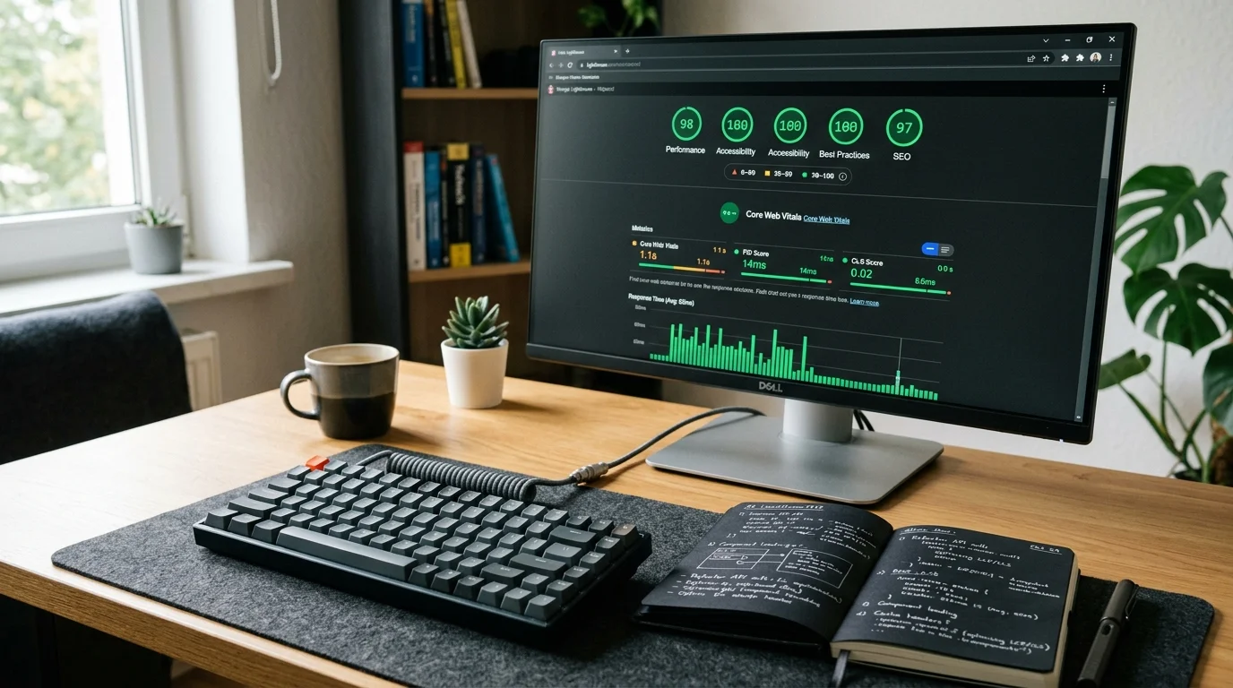 Lighthouse Benchmark Monitor mit 98 Performance Score und Core Web Vitals Messung
