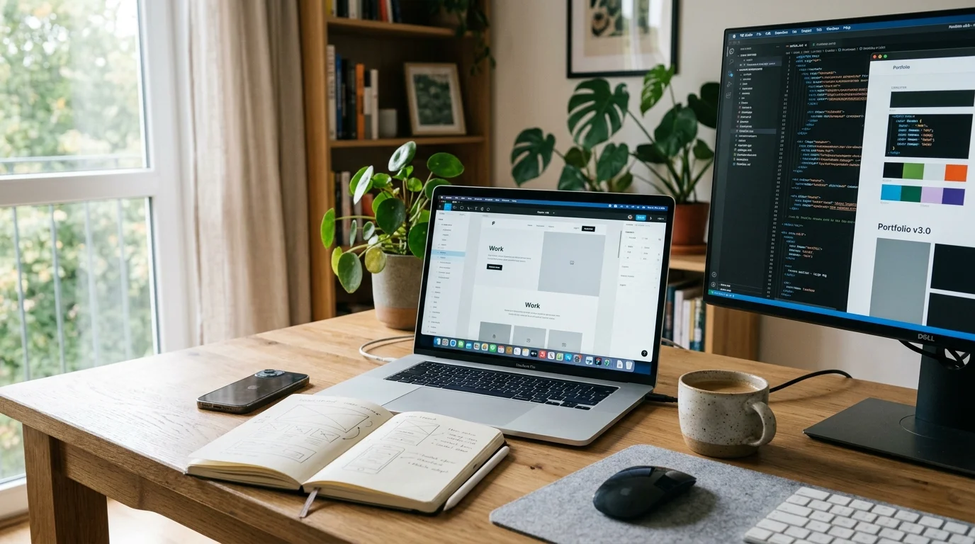 Framer vs Webflow vs WordPress Praxisvergleich auf Entwickler-Schreibtisch mit MacBook Pro und externem Display