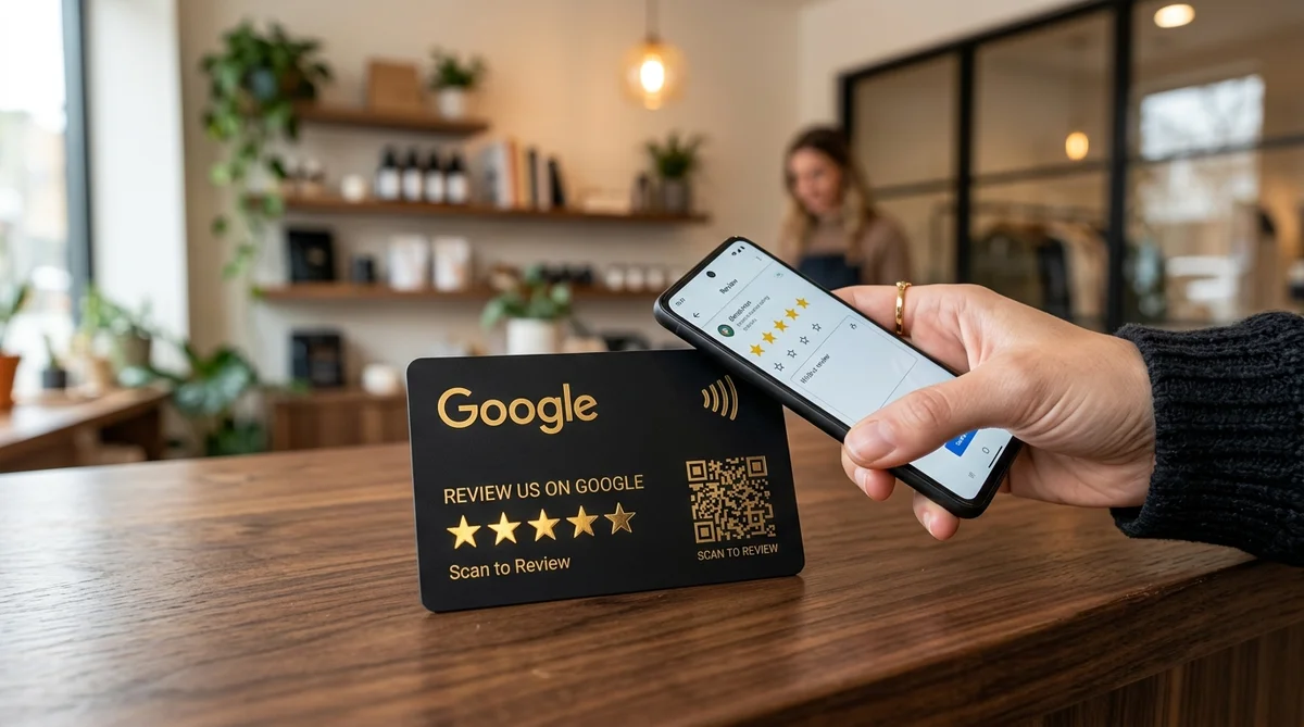 Kontaktlose Google-Bewertungskarte mit NFC-Chip und QR-Code auf edlem Holztisch