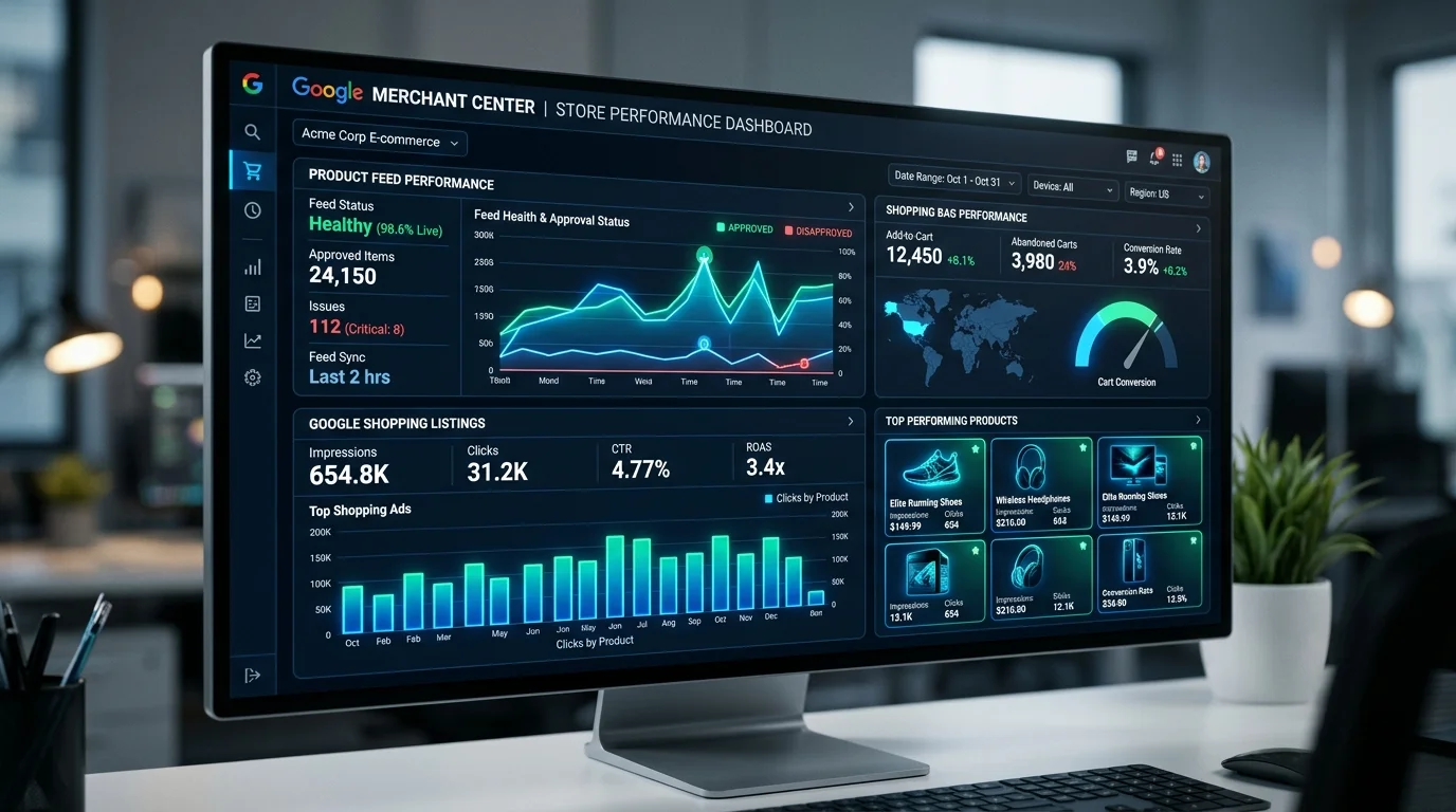 Google Merchant Center Dashboard und E-Commerce Performance Analyse für Google Shopping