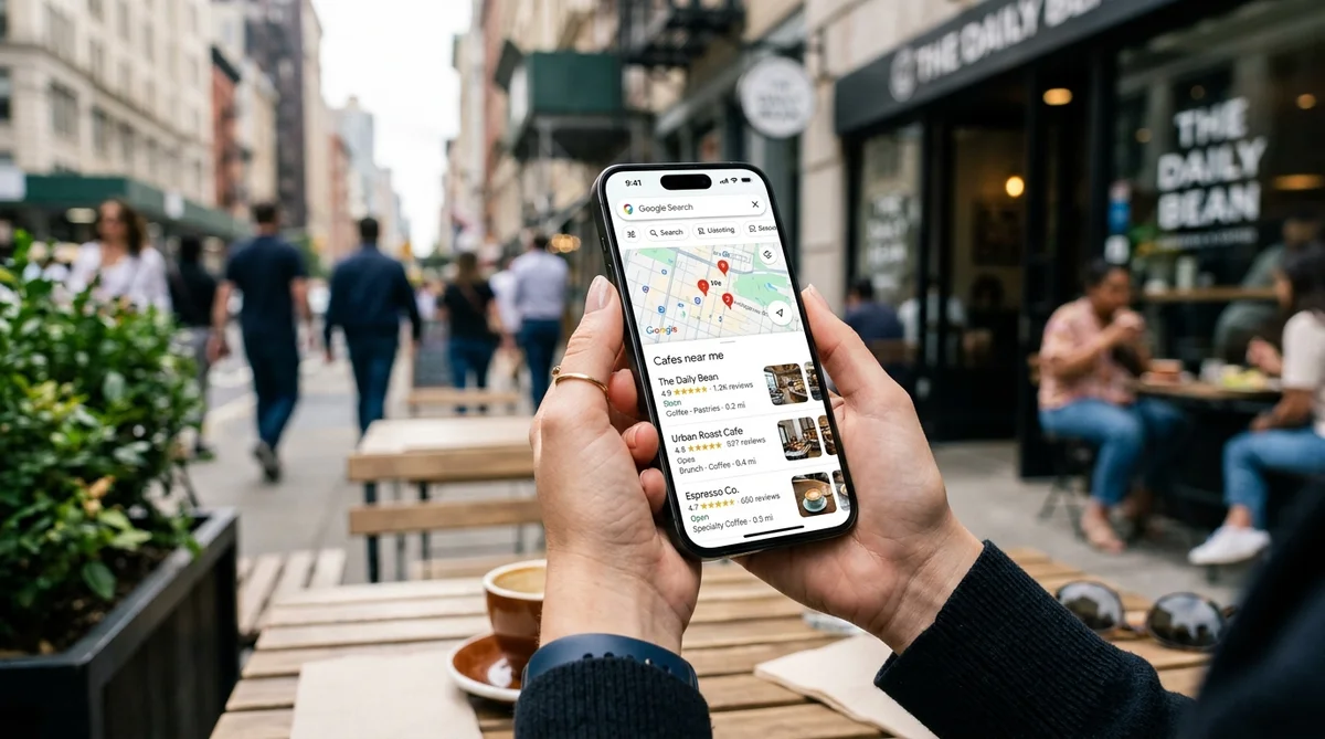 Google Maps Local 3-Pack Suchergebnisse auf dem Smartphone mit 5-Sterne-Bewertungen