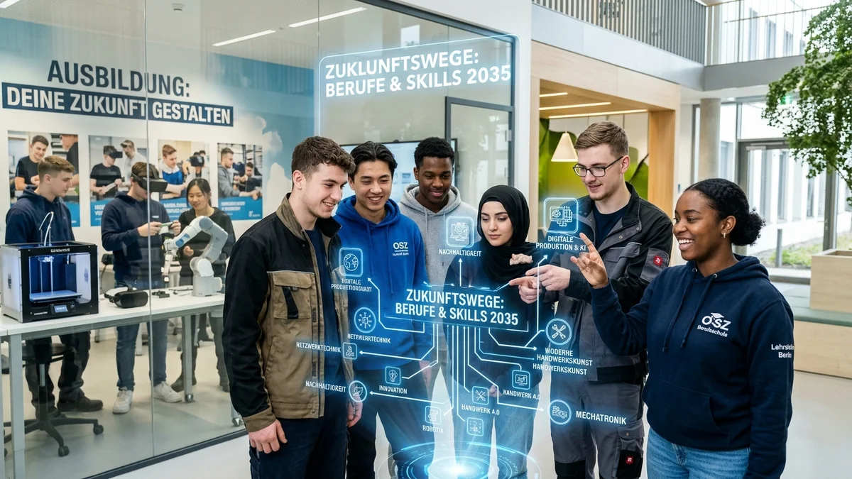 Junge Auszubildende und Schüler orientieren sich über Zukunftswege, Handwerk und digitale Berufe