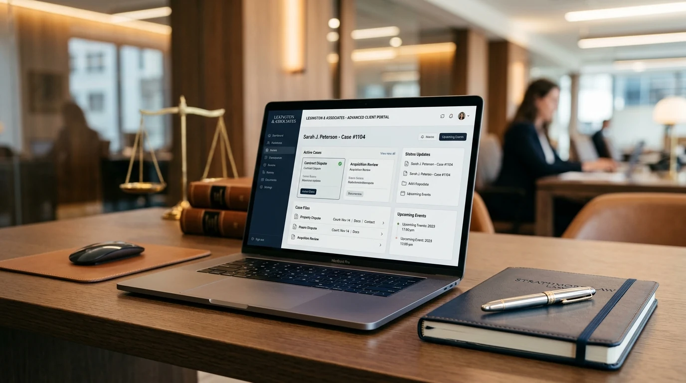 Modernes digitales Kanzlei-Workflow Interface und Fallaufnahme auf dem Laptop