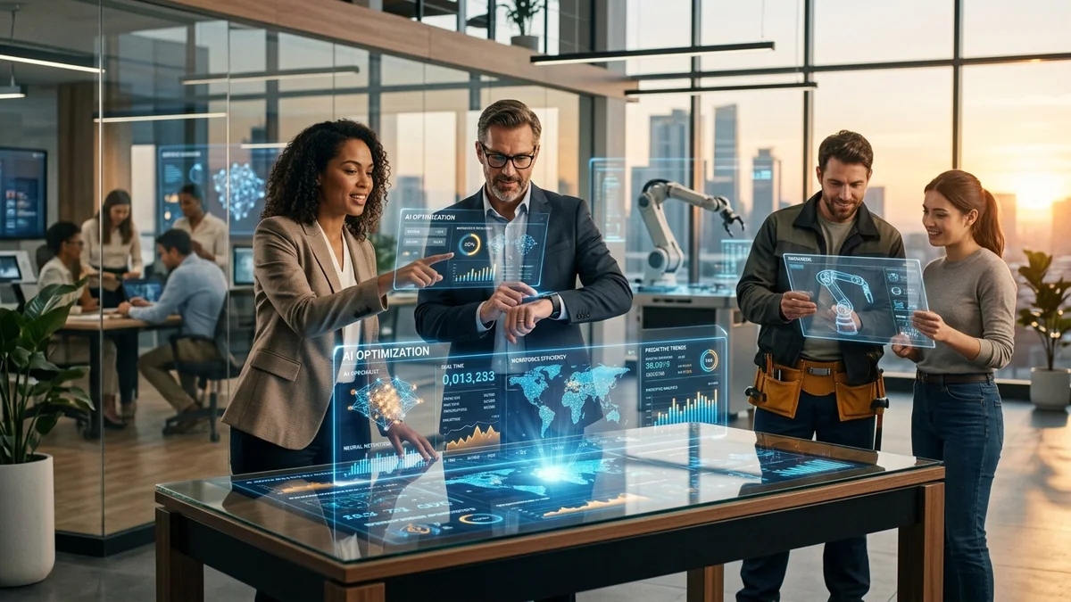 Fachkräfte und Handwerker arbeiten mit modernen holografischen KI-Systemen in einem zukunftsorientierten Unternehmen